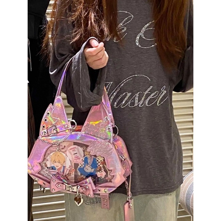 Sac cabas ita oreilles de chat, nœud et clous (porte-cartes offert) – Rose