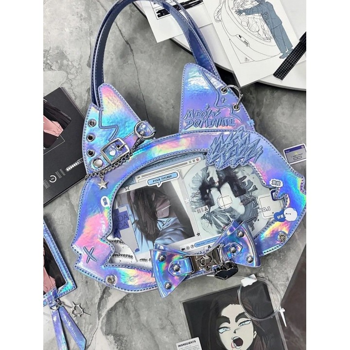 Sac cabas ita oreilles de chat, nœud et clous (porte-cartes offert) – Bleu