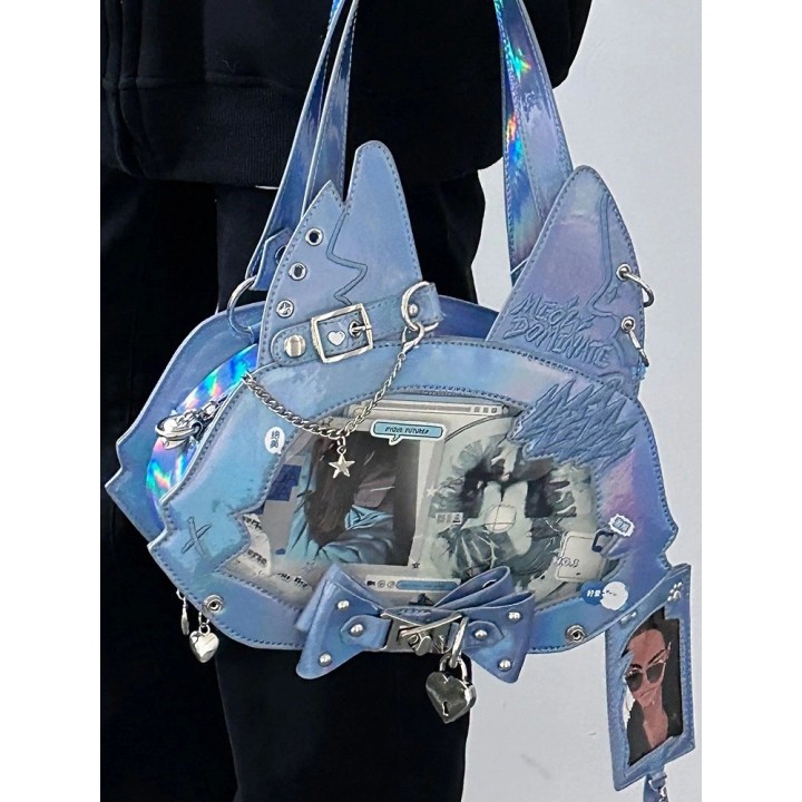 Sac cabas ita oreilles de chat, nœud et clous (porte-cartes offert) – Bleu