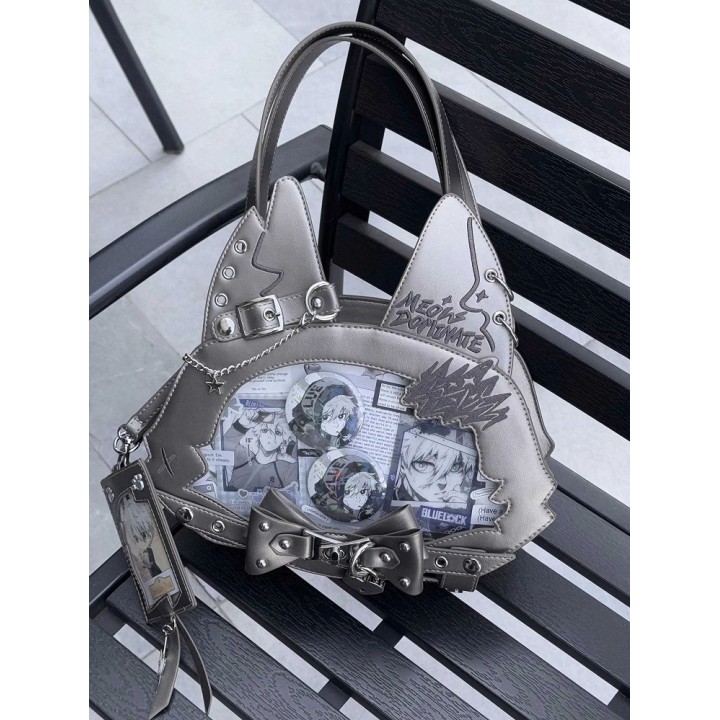Sac cabas ita oreilles de chat, nœud et clous (porte-cartes offert) – Gris