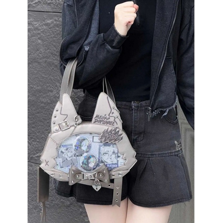 Sac cabas ita oreilles de chat, nœud et clous (porte-cartes offert) – Gris
