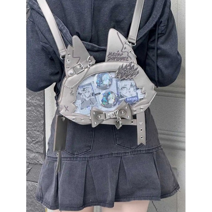 Sac cabas ita oreilles de chat, nœud et clous (porte-cartes offert) – Gris