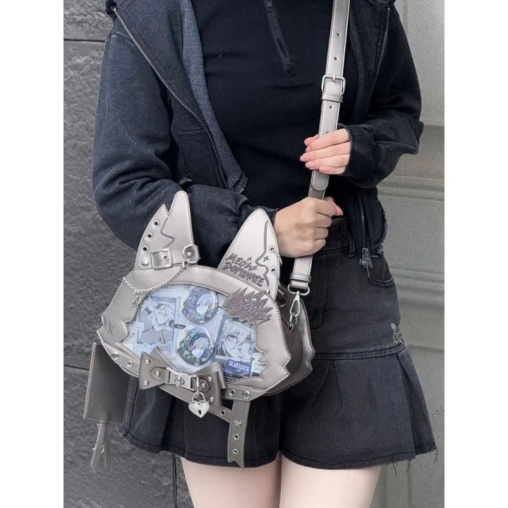 Sac cabas ita oreilles de chat, nœud et clous (porte-cartes offert) – Gris