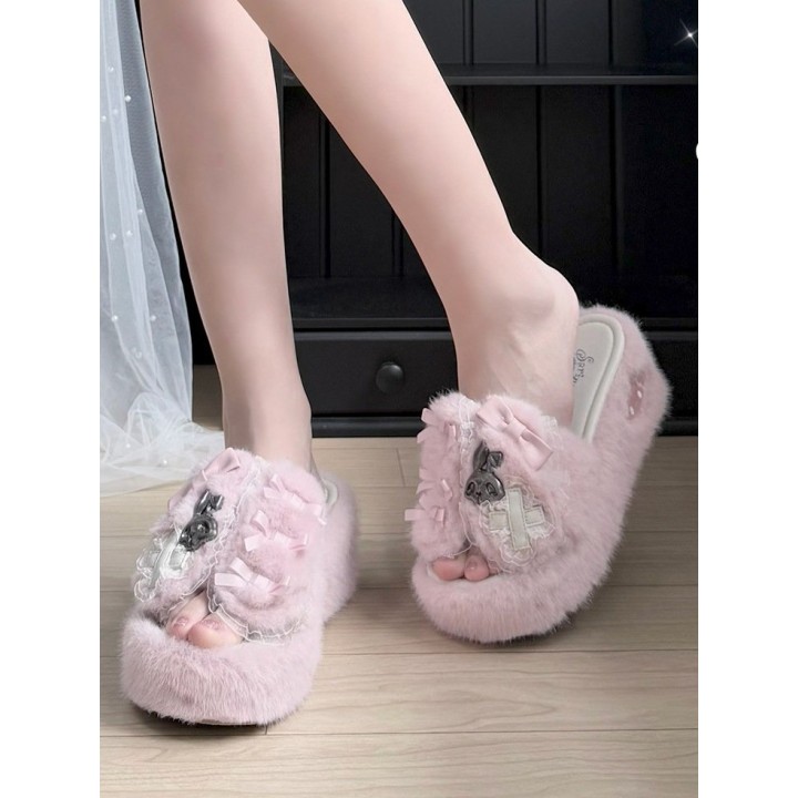 Chaussons plateformes Y2K oreilles de lapin – Rose