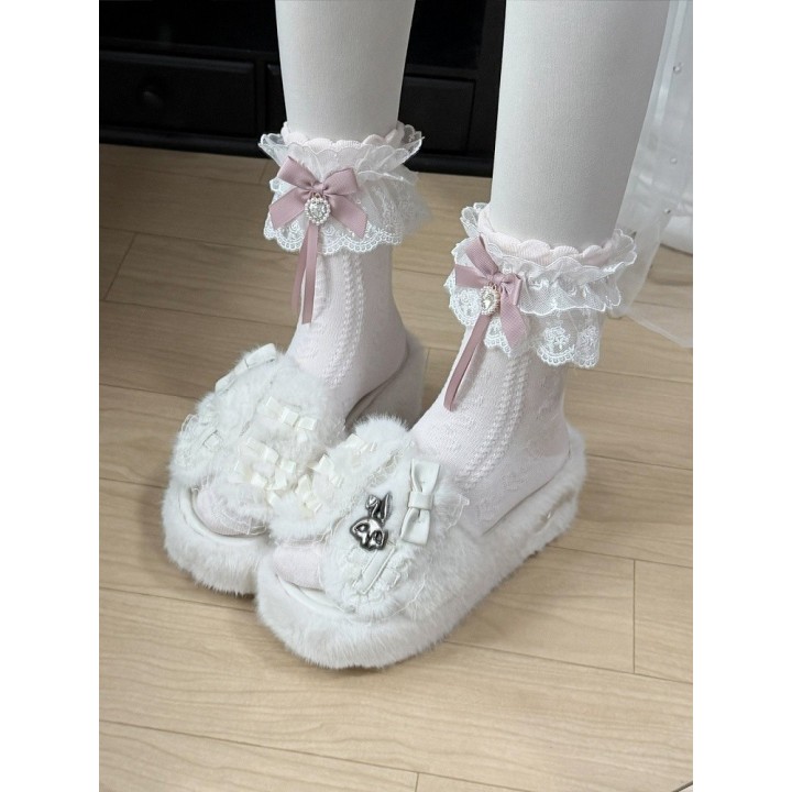 Chaussons plateformes Y2K oreilles de lapin – Blanc