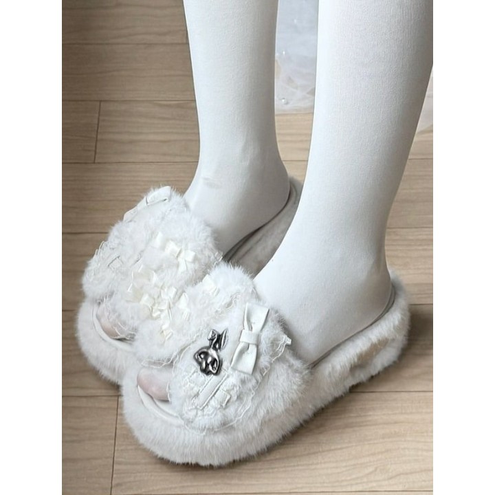 Chaussons plateformes Y2K oreilles de lapin – Blanc
