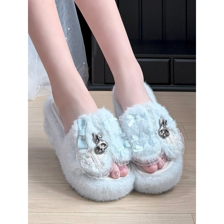 Chaussons plateformes Y2K oreilles de lapin – Bleu clair