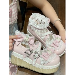 Chaussures lolita « Pomme » bout rond fourrées à nœud – Rose