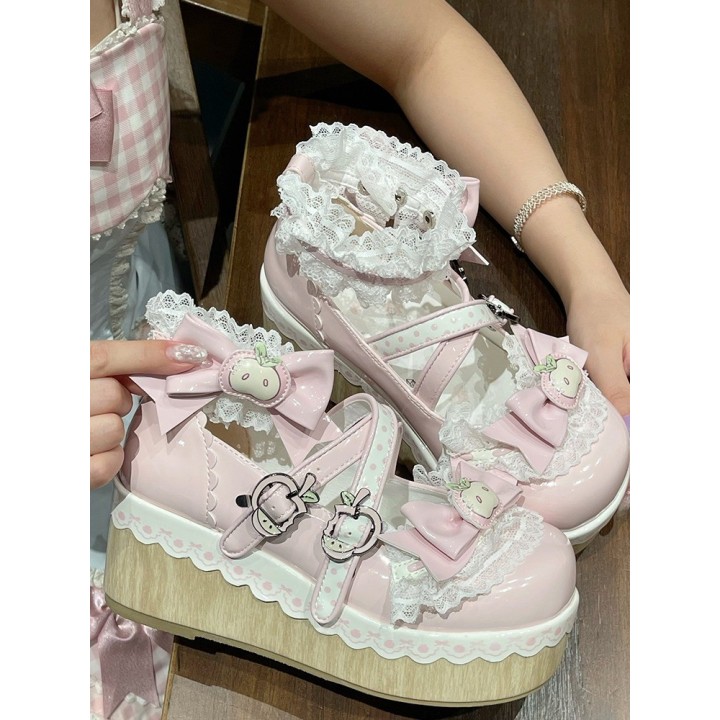 Chaussures lolita « Pomme » bout rond fourrées à nœud – Rose