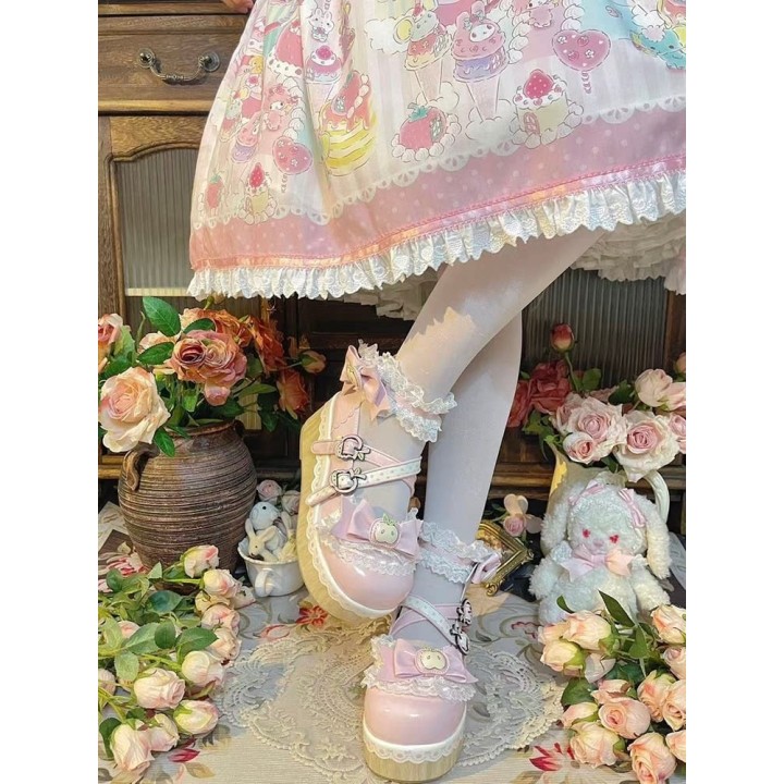 Chaussures lolita « Pomme » bout rond fourrées à nœud – Rose