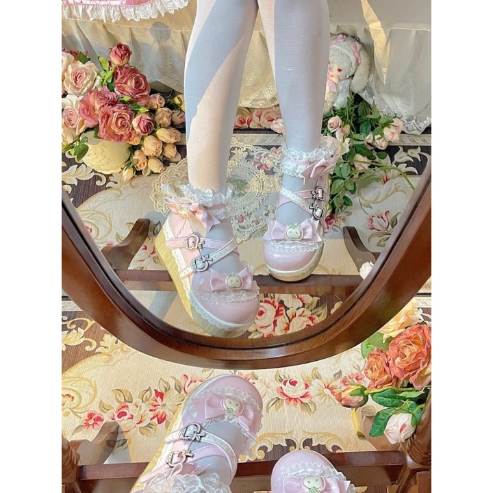 Chaussures lolita « Pomme » bout rond fourrées à nœud – Rose