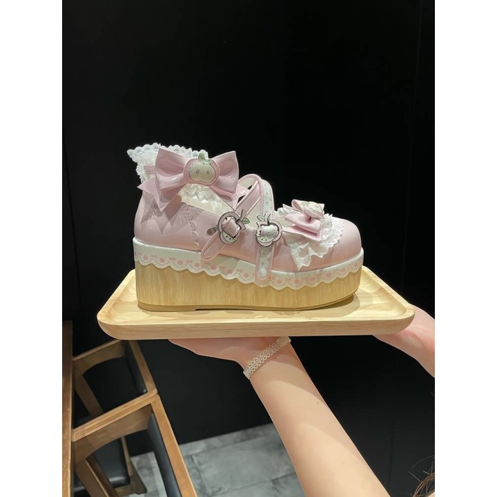 Chaussures lolita « Pomme » bout rond fourrées à nœud – Rose