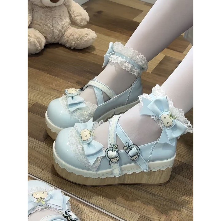 Chaussures lolita « Pomme » bout rond fourrées à nœud – Bleu