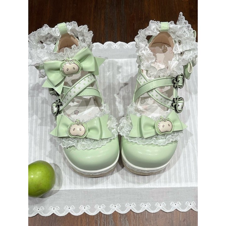 Chaussures lolita « Pomme » bout rond fourrées à nœud – Vert