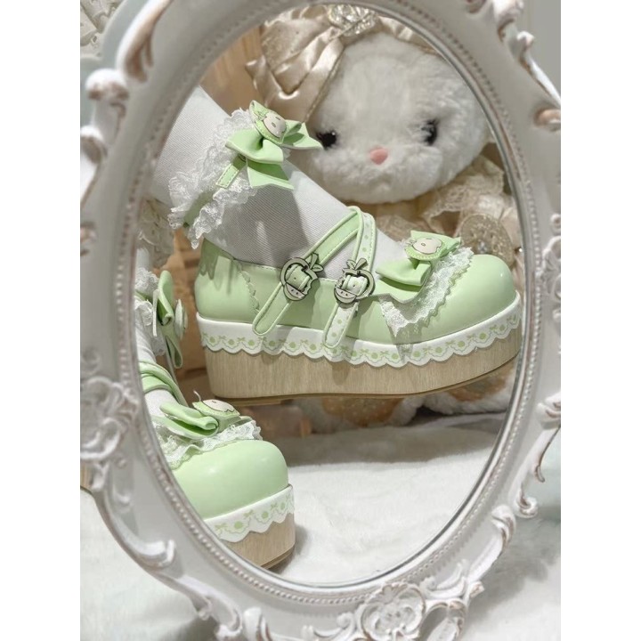 Chaussures lolita « Pomme » bout rond fourrées à nœud – Vert