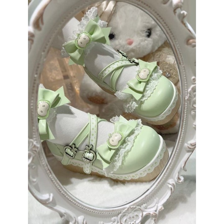 Chaussures lolita « Pomme » bout rond fourrées à nœud – Vert