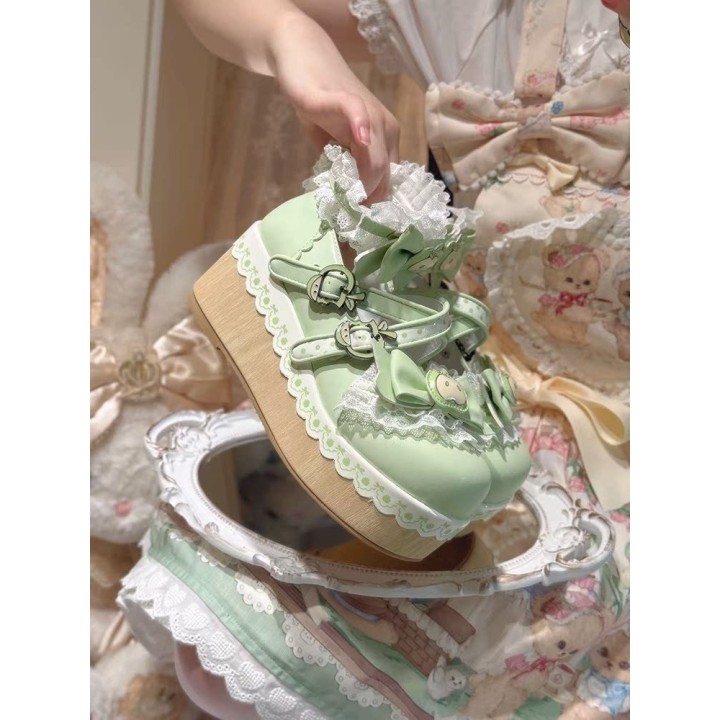Chaussures lolita « Pomme » bout rond fourrées à nœud – Vert