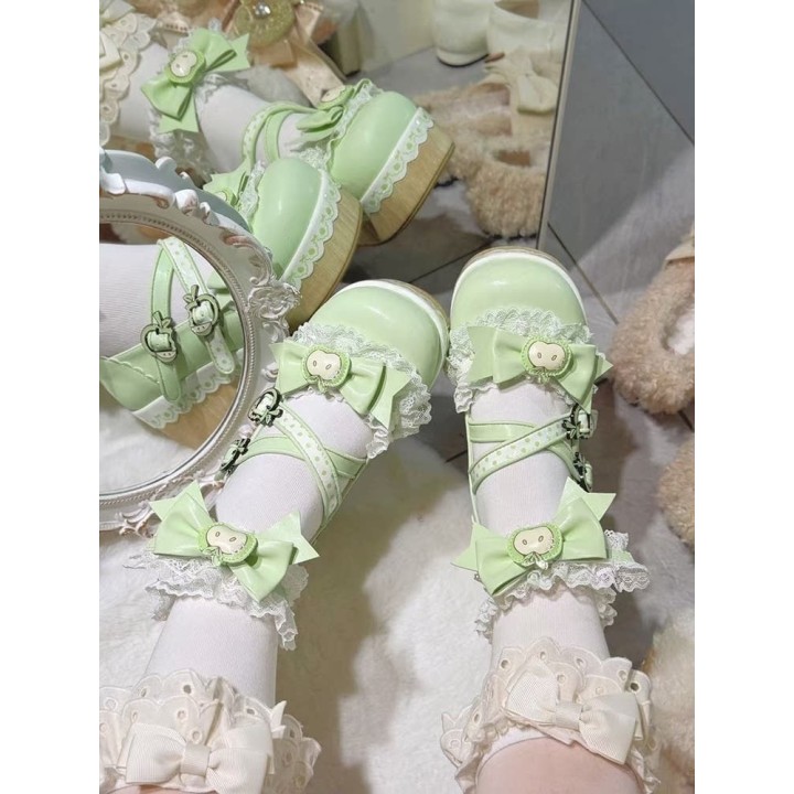 Chaussures lolita « Pomme » bout rond fourrées à nœud – Vert