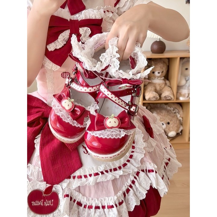 Chaussures lolita « Pomme » bout rond fourrées à nœud – Rouge