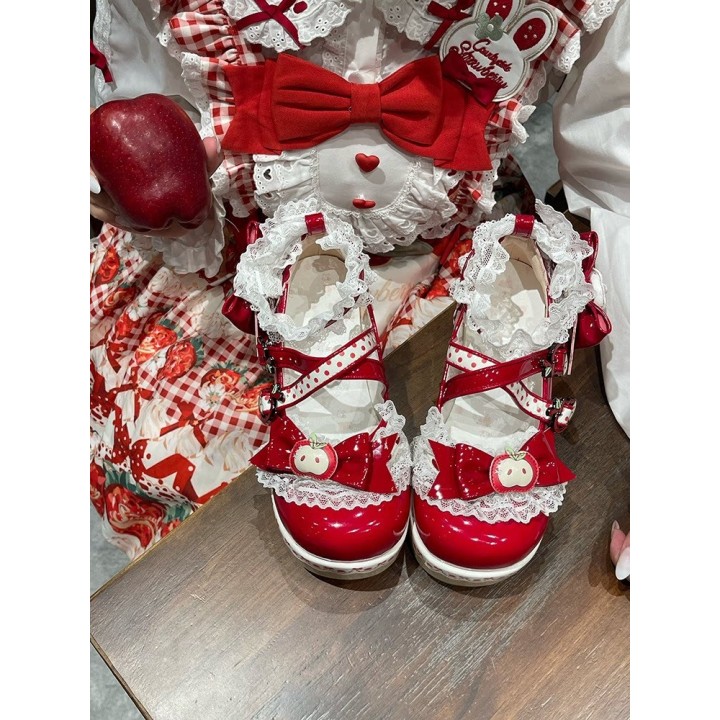 Chaussures lolita « Pomme » bout rond fourrées à nœud – Rouge