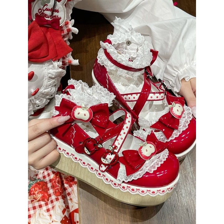 Chaussures lolita « Pomme » bout rond fourrées à nœud – Rouge