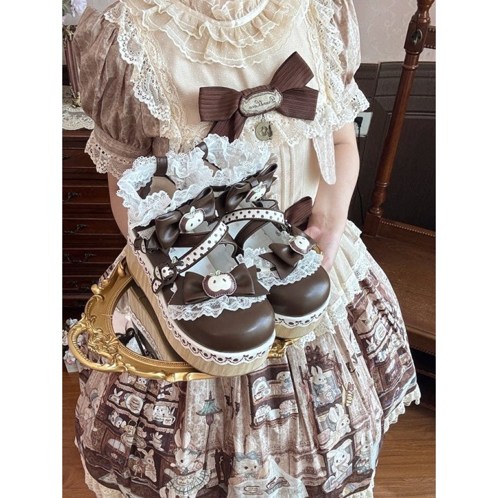Chaussures lolita « Pomme » bout rond fourrées à nœud – Marron