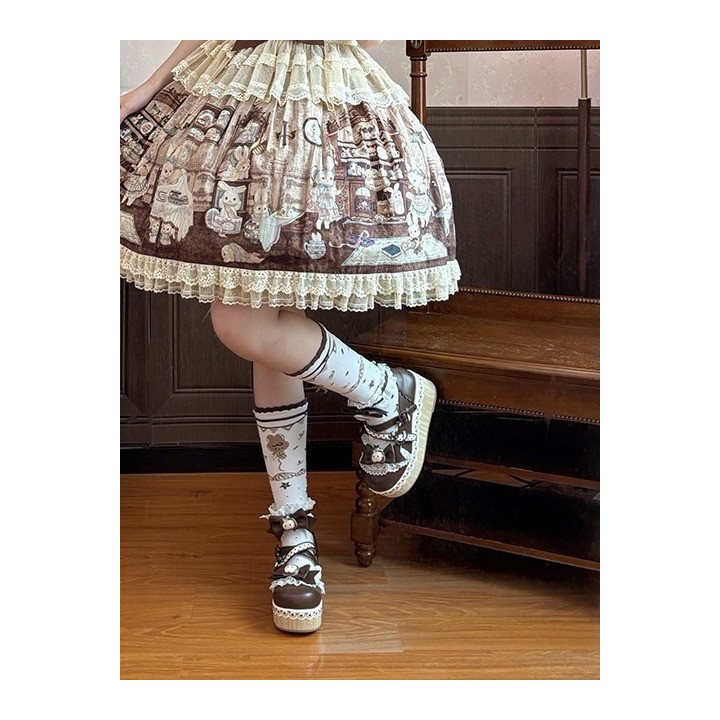 Chaussures lolita « Pomme » bout rond fourrées à nœud – Marron