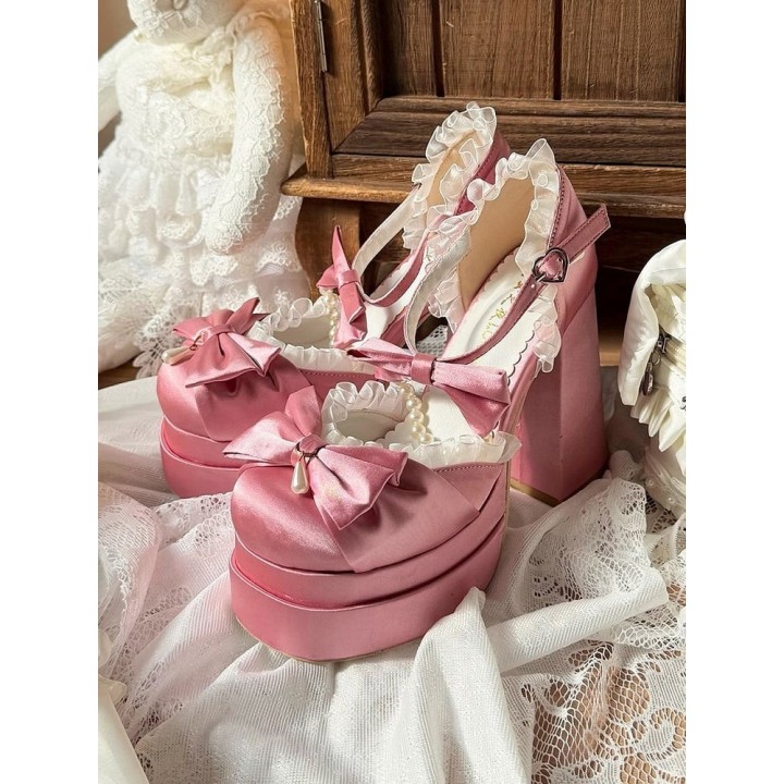 Escarpins plateformes lolita à chaîne de perles et nœud – Rose bonbon