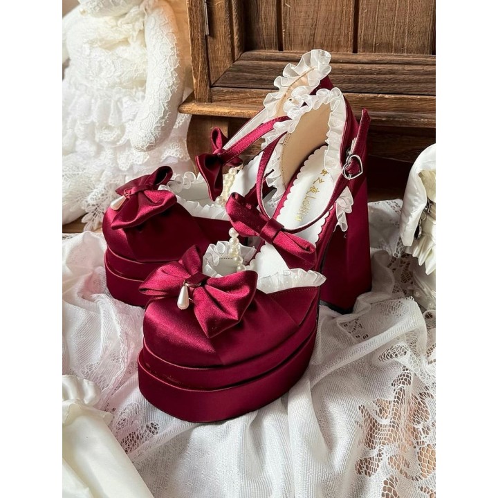 Escarpins plateformes lolita à chaîne de perles et nœud – Bordeaux