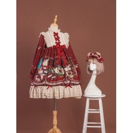 Robe one piece lolita « Crown Bear » bordeaux à manches longues