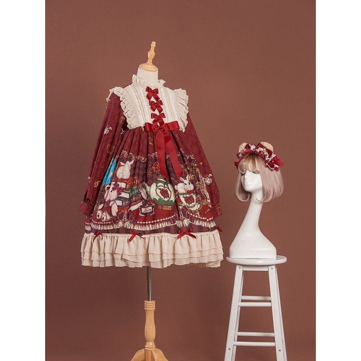 Robe one piece lolita « Crown Bear » bordeaux à manches longues