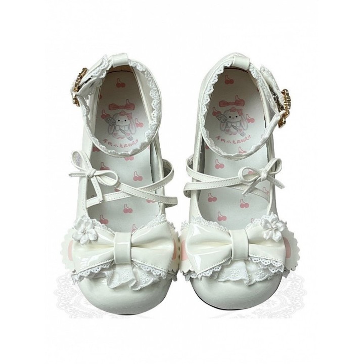 Chaussures lolita cerisier et oreilles de lapin – Blanc