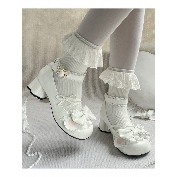 Chaussures lolita cerisier et oreilles de lapin – Blanc
