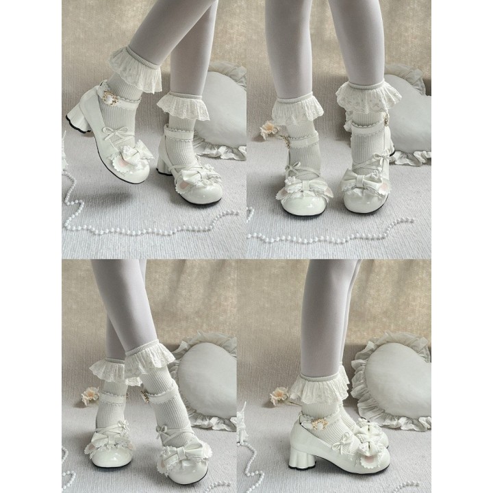 Chaussures lolita cerisier et oreilles de lapin – Blanc