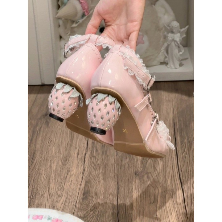 Mary Janes lolita talon fraise, nœud et dentelle – Rose