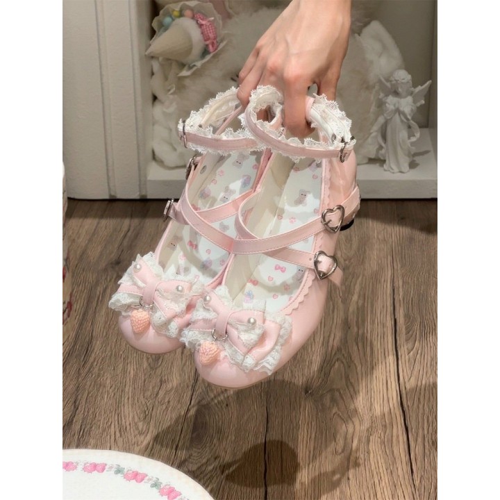 Mary Janes lolita talon fraise, nœud et dentelle – Rose