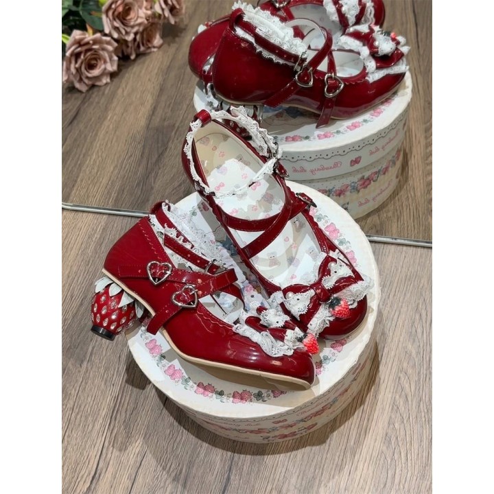 Mary Janes lolita talon fraise, nœud et dentelle – Rouge