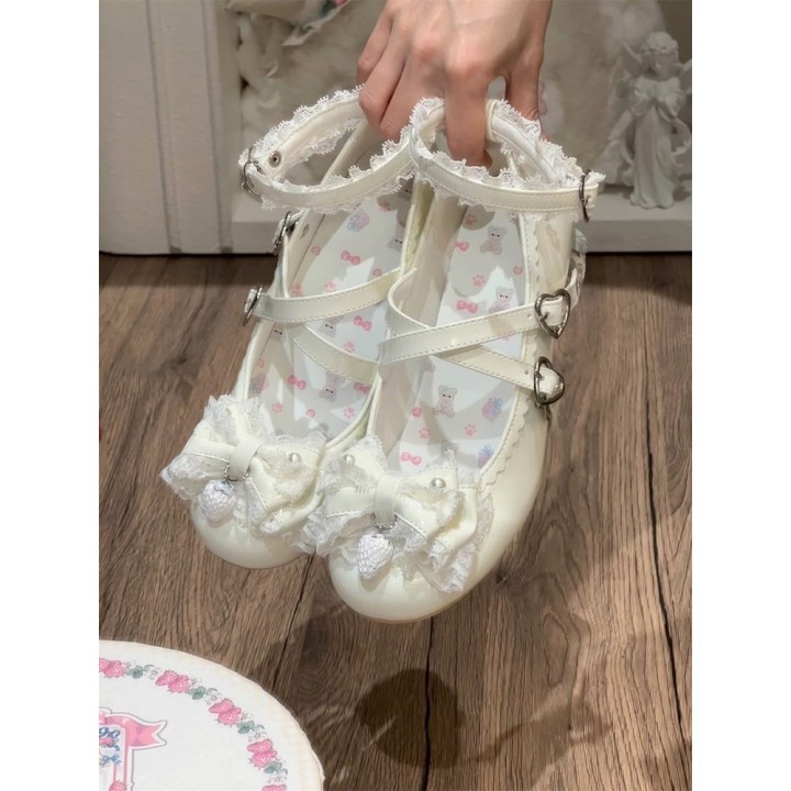 Mary Janes lolita talon fraise, nœud et dentelle – Blanc