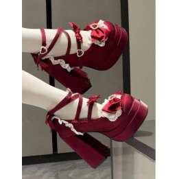 Escarpins plateformes lolita cœur et nœud papillon – Rouge
