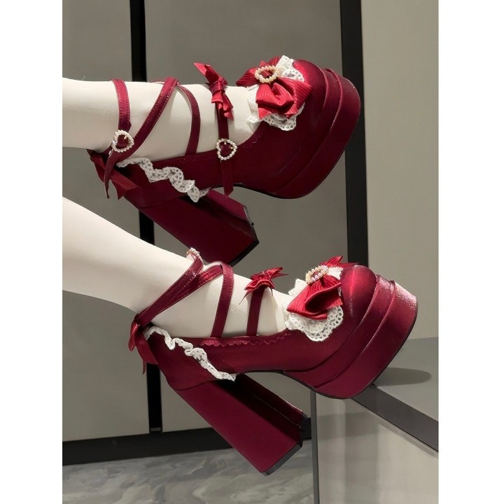 Escarpins plateformes lolita cœur et nœud papillon – Rouge