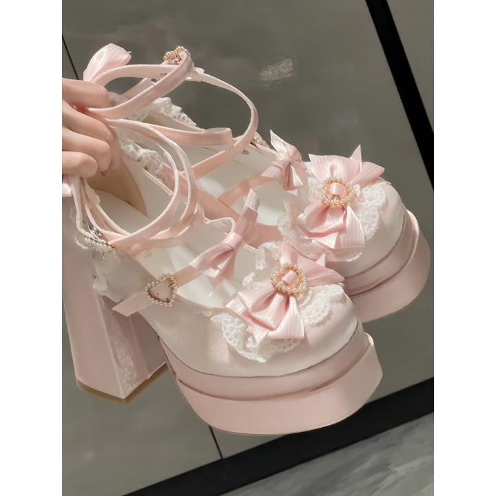 Escarpins plateformes lolita cœur et nœud papillon – Rose clair