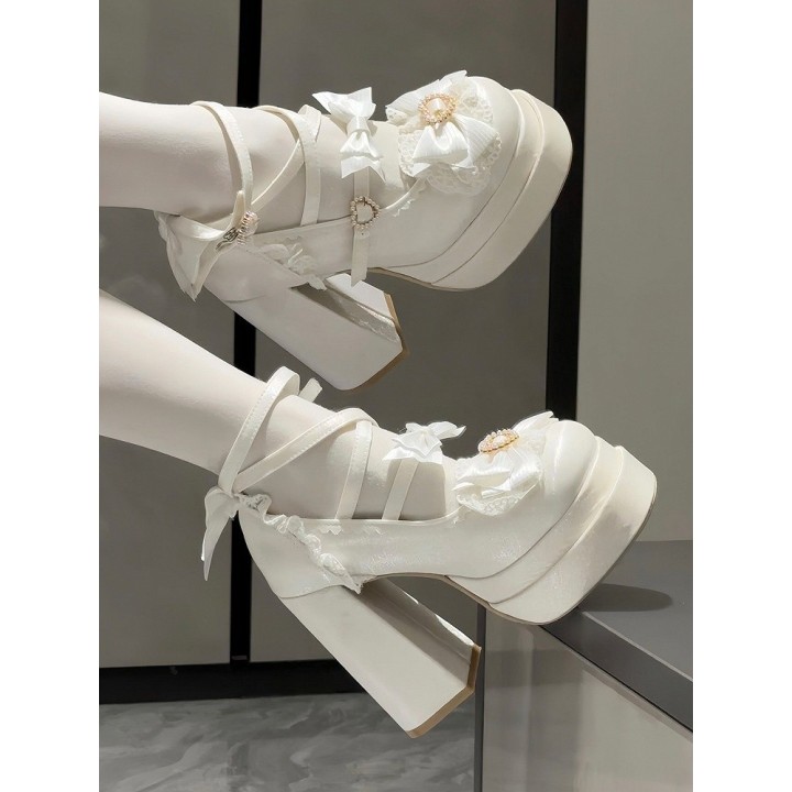 Escarpins plateformes lolita cœur et nœud papillon – Blanc