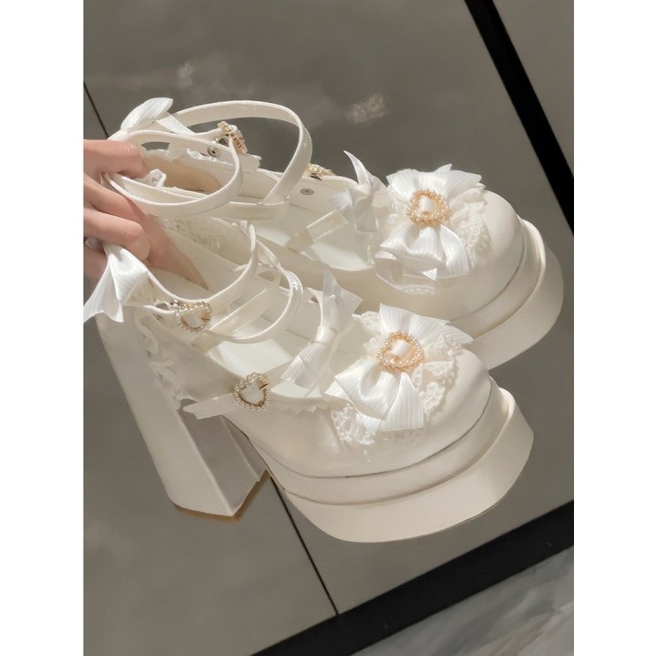 Escarpins plateformes lolita cœur et nœud papillon – Blanc