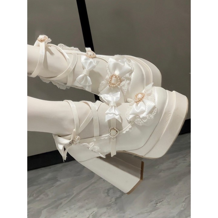 Escarpins plateformes lolita cœur et nœud papillon – Blanc
