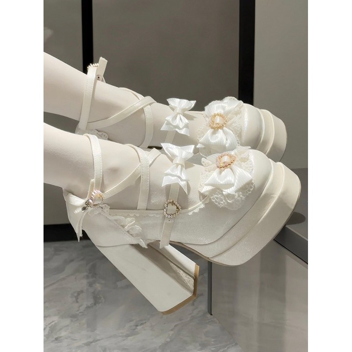 Escarpins plateformes lolita cœur et nœud papillon – Blanc
