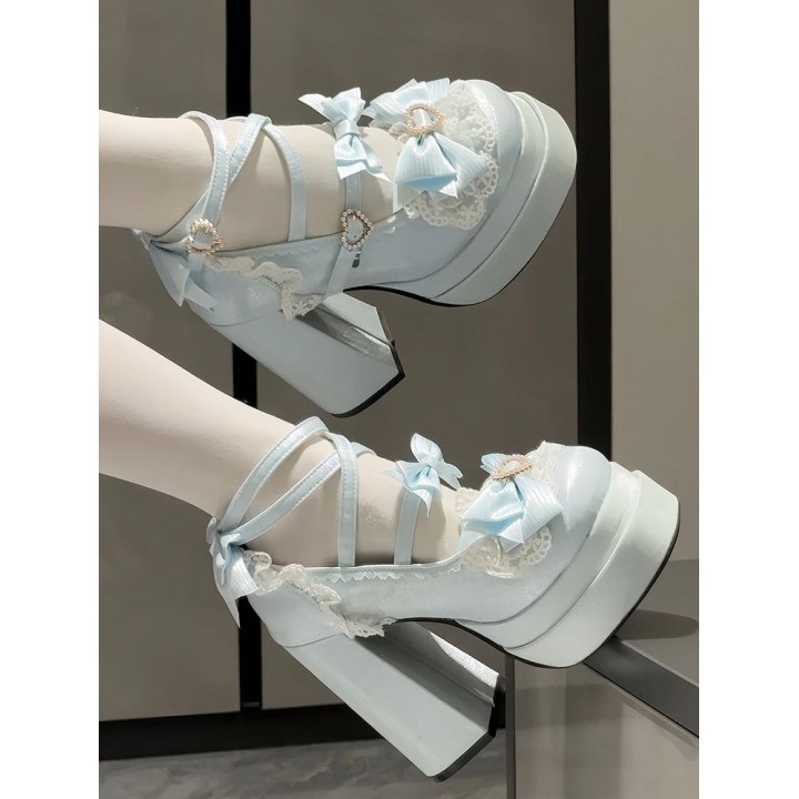 Escarpins plateformes lolita cœur et nœud papillon – Bleu clair