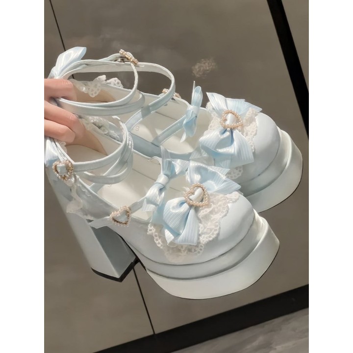Escarpins plateformes lolita cœur et nœud papillon – Bleu clair
