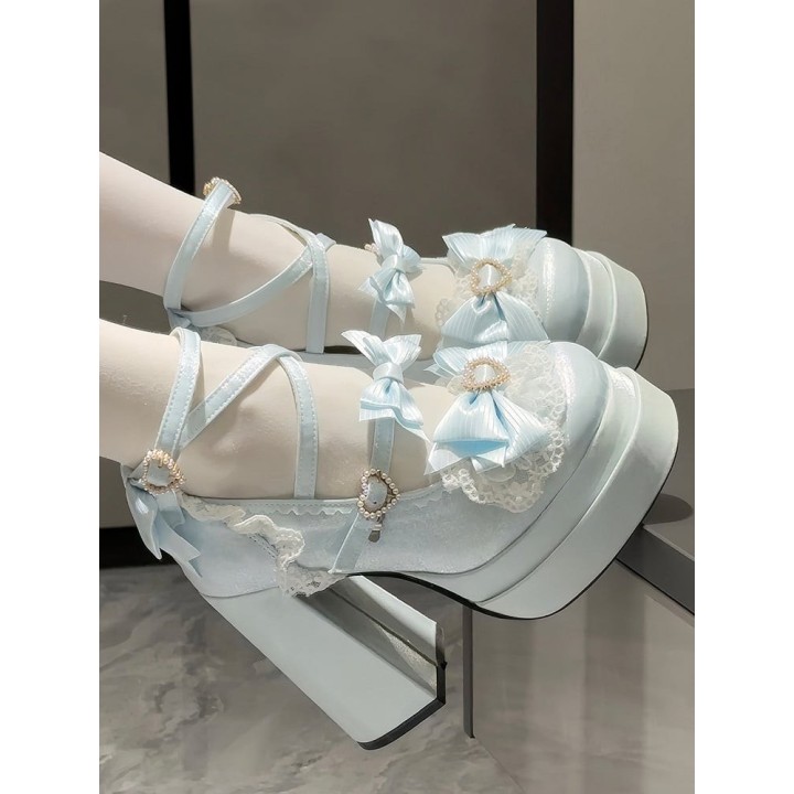 Escarpins plateformes lolita cœur et nœud papillon – Bleu clair