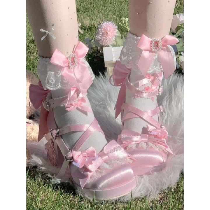 Mary Janes lolita « Sakura » à talon bloc – Rose