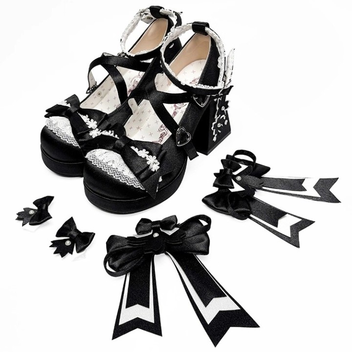 Mary Janes lolita « Sakura » à talon bloc – Noir